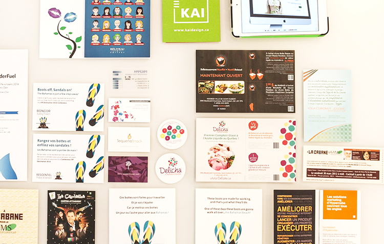 Display of marketing materials collage created by Kai Design include postcard, flyer, brochure, pamphlet and booklets