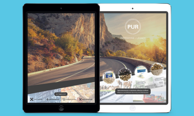 Two iPad showing overlaping images for PUR Legacy company's brochure design