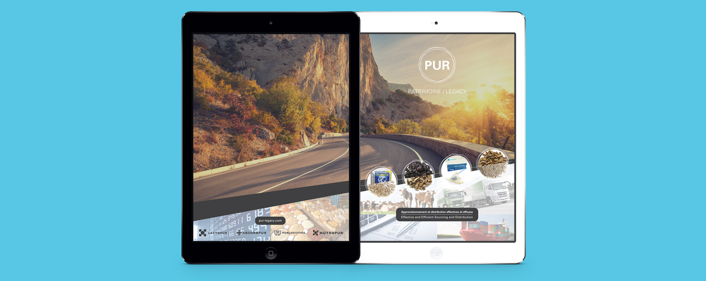 Two iPad showing overlaping images for PUR Legacy company's brochure design