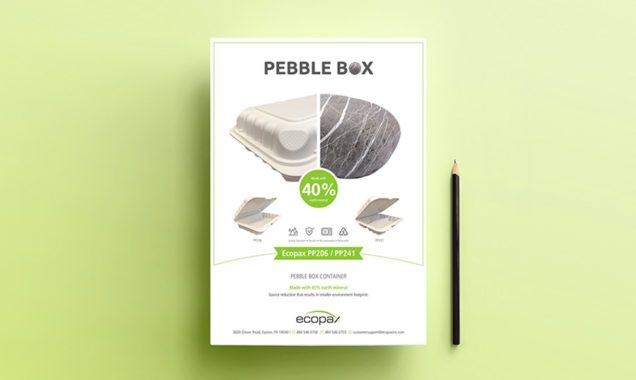 Pebble Box sale sheet featuring half ecopax product half quality stone as metaphor with a black pancil on the side