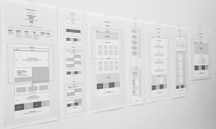 Wall print outs of wireframe of vmray website in design process
