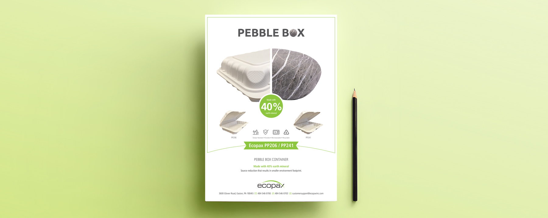 Pebble Box sale sheet featuring half ecopax product half quality stone as metaphor with a black pancil on the side
