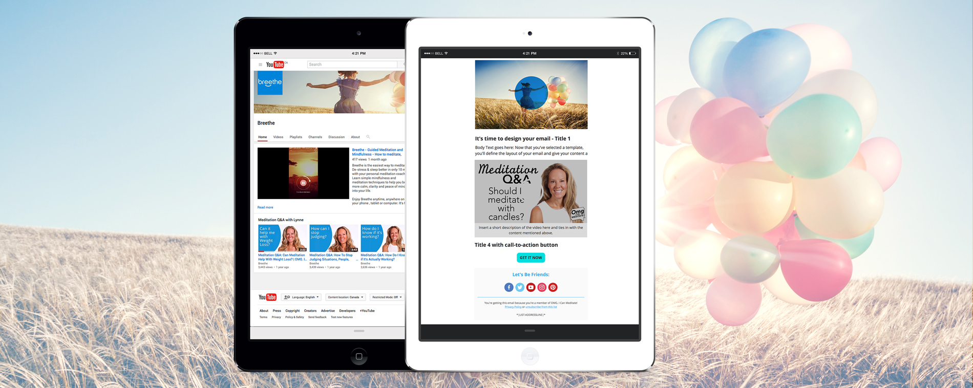 Portfolio display of Breethe meditation app branding designed on iPads with colorful baloons in an open field as background