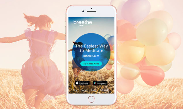 Portfolio display of Breethe meditation app branding designed on iPhone featuring a woman running free holding colorful baloons in an open field as background