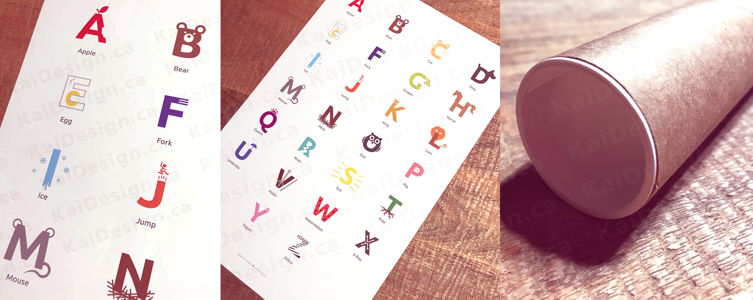 3 images of graphically designed A to Z Poster for children with roll up mailing tube