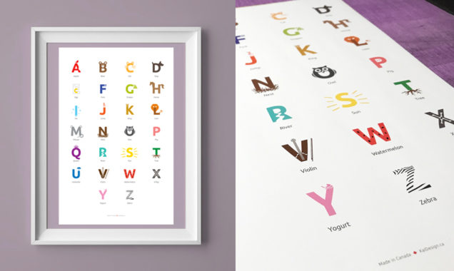 2 images of unique graphically designed A to Z posters and frame on the wall