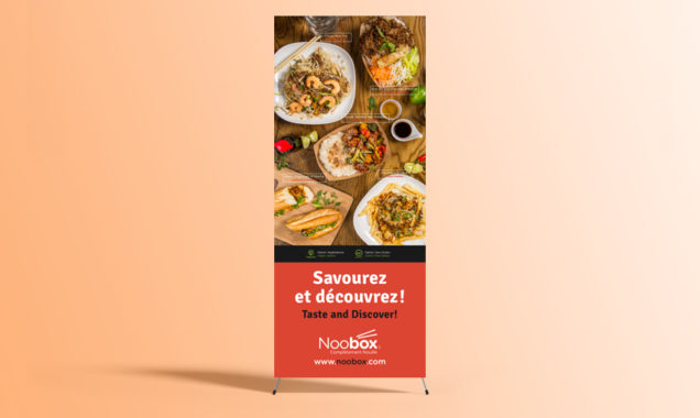 Noobox Restaurant Display with top view featuring Asian cuisine Crispy Noodles with Shrimp, general tao, banh mi and vietnam food