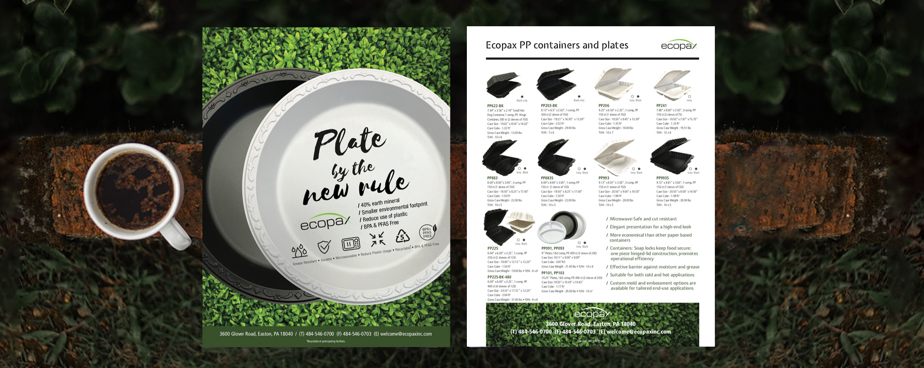 Plate by the new rule Ecopax Pebble Plates Flyers displayed on dark green background with coffee mug