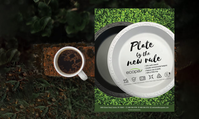 Plate by the new rule Ecopax Pebble Plates Flyer cover with dark green background with wood log and coffee cup