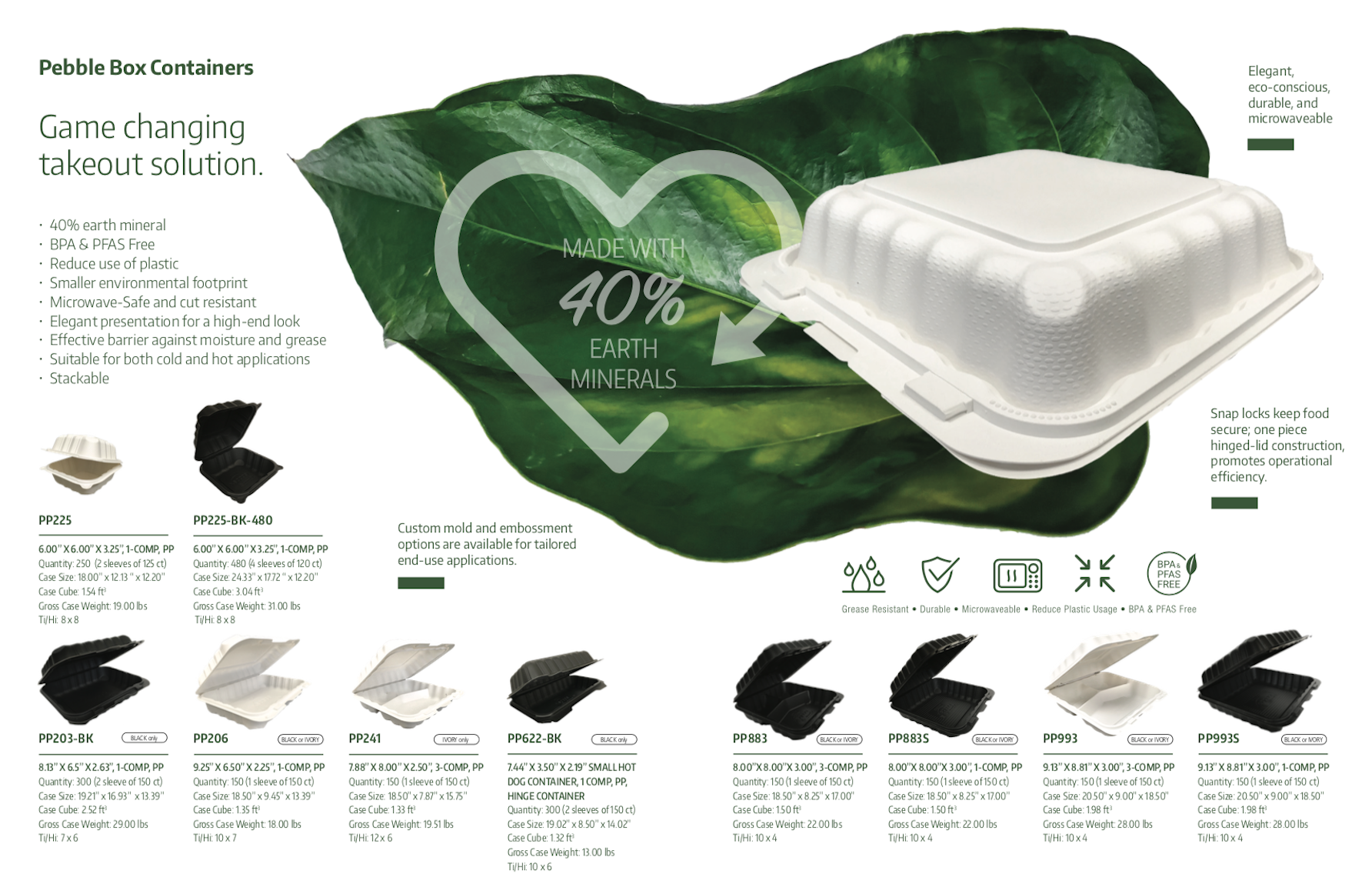 Brochure spread design featuring Ecopax Pebble environmental friendly takeout containers
