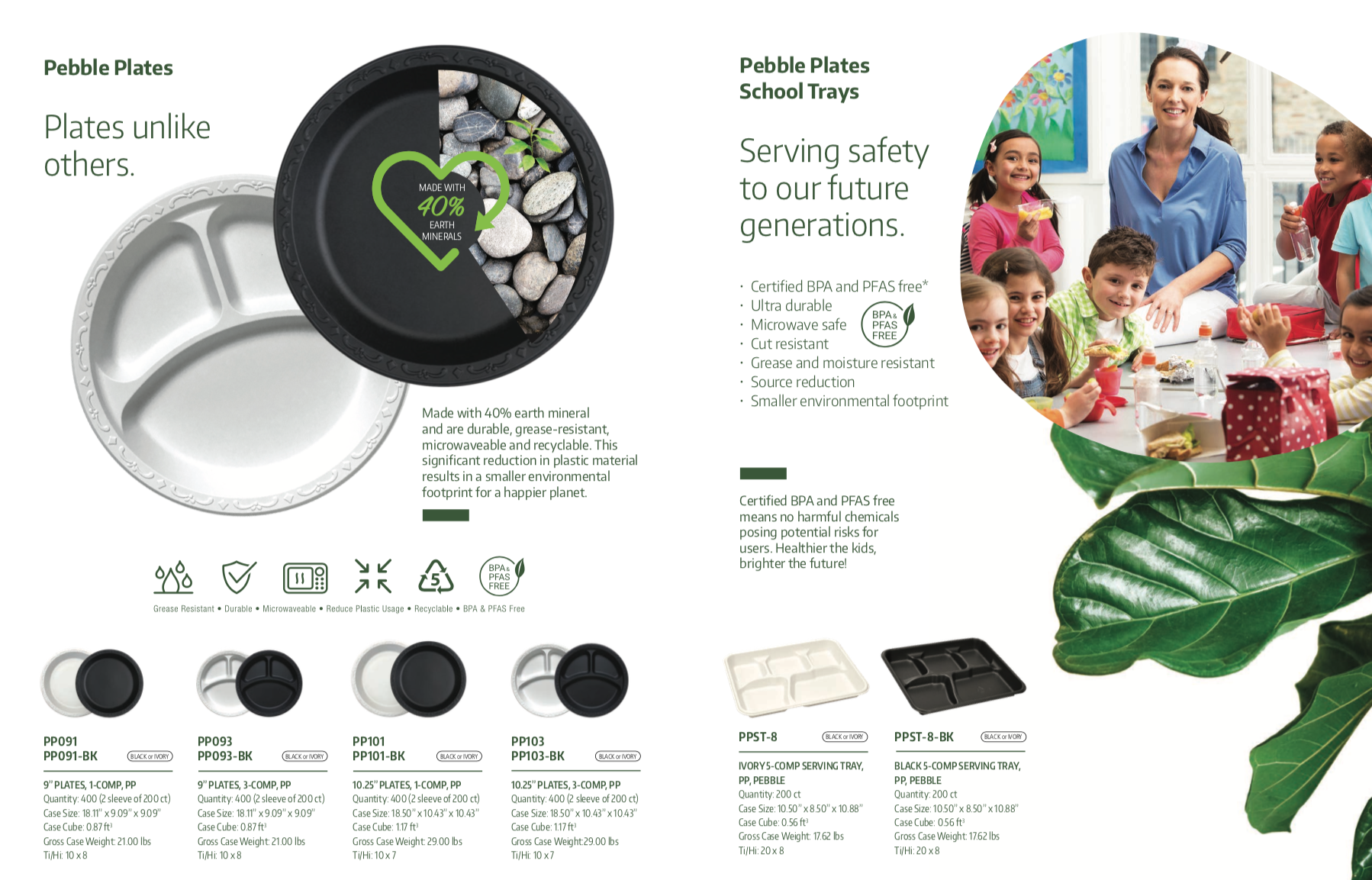 Ecopax product catalogue spread graphic by Kai Design featuring Pebble Plates and Trays